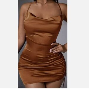 Draped Drawstring Side Lace Up Backless Satin Bodycon Dress Size XS